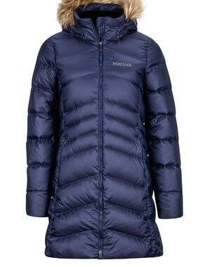 NWT New Marmot Montreal Midnight Navy Long Down Coat w Removable Faux Fur Hood